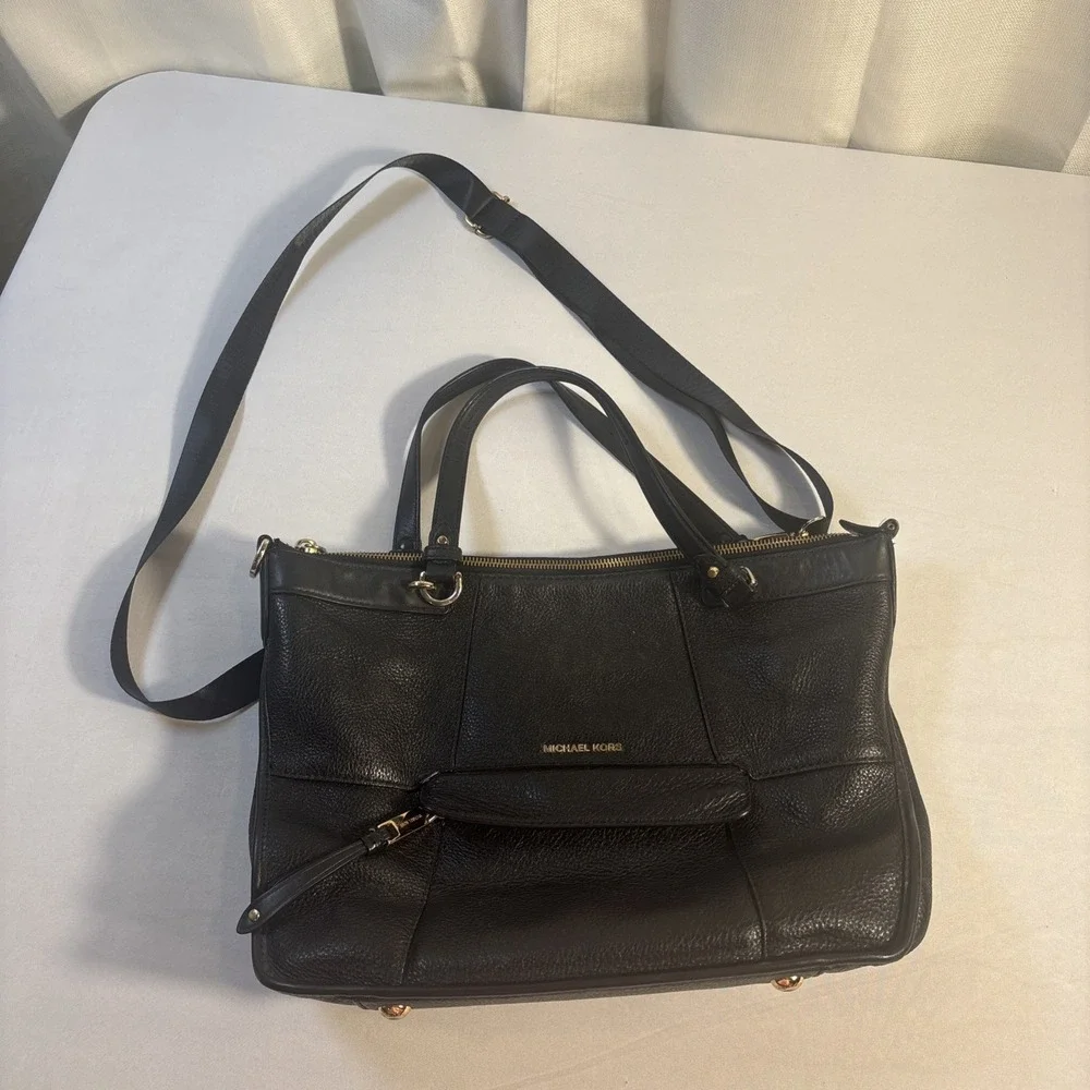 Michael‎ Kors Jesse Large Satchel Shoulder Bag Black Pebble Leather Purse
